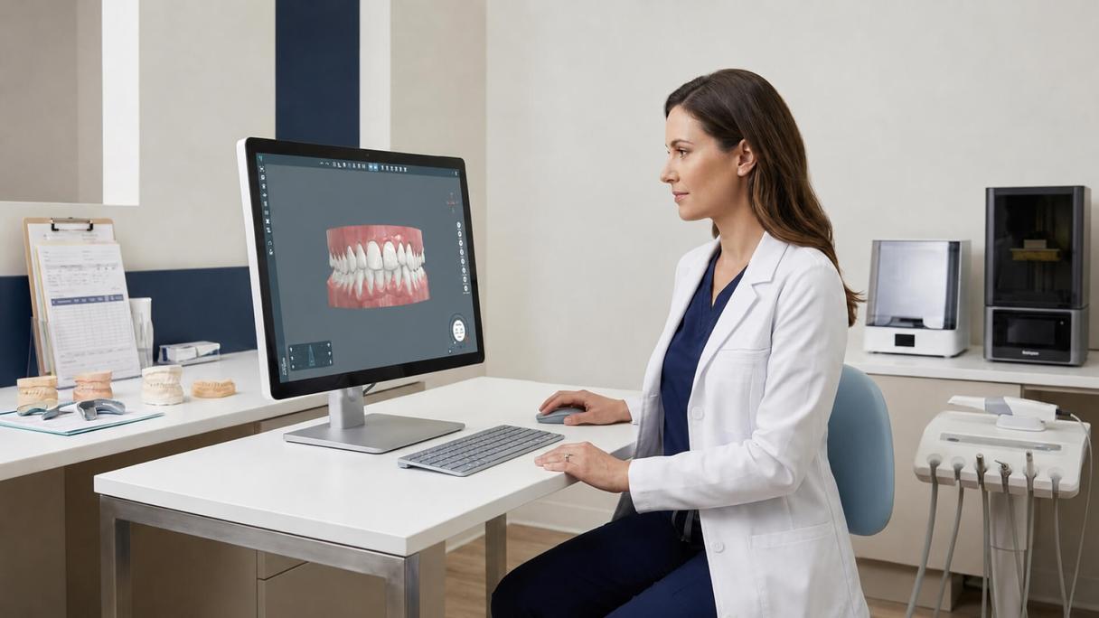Orthodontist working with digital technology and 3D dental model representing modern practice efficiency