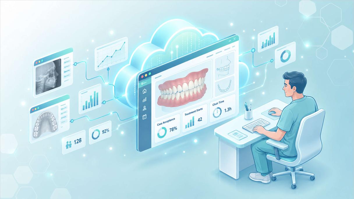 Orthodontist analyzing clinical and practice data on screen with 3D dental models and KPI dashboard
