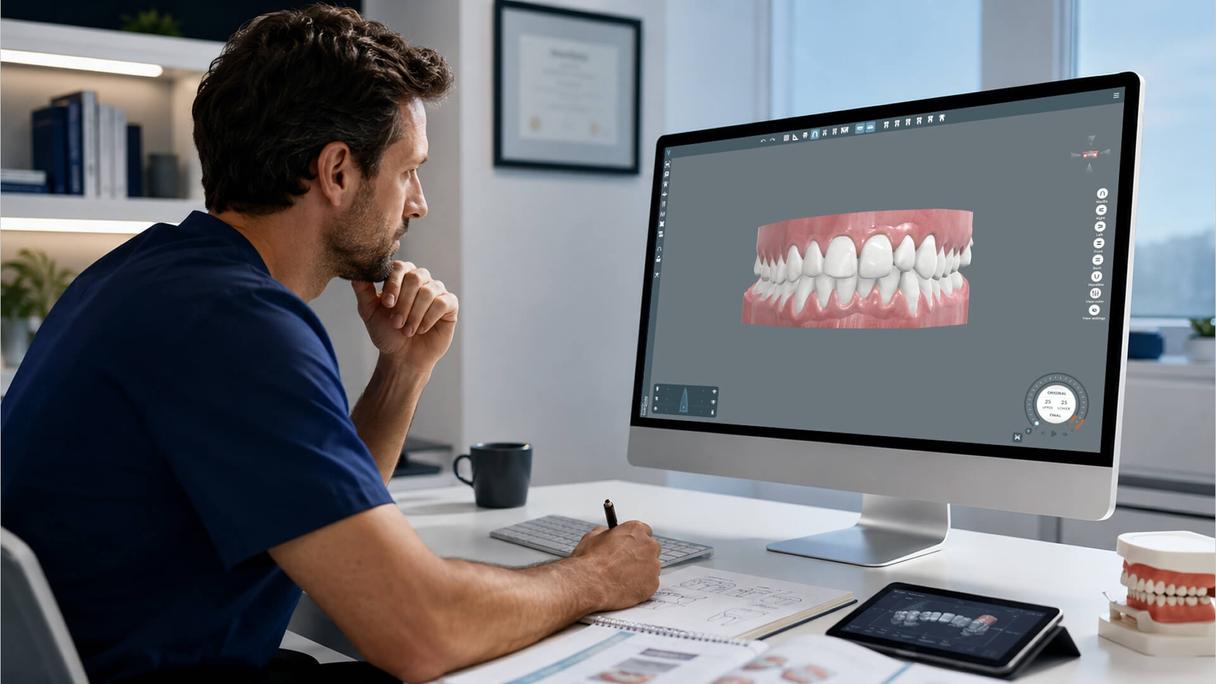 Dentist reviewing orthodontic treatment plan on screen with course materials representing continuing education